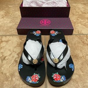 Tory Burch Wedge Flop Flops Black Tea Rose Floral
